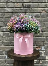 Цветочная композиция из Гипсофила и Розы в шляпной коробке в Старотеряево