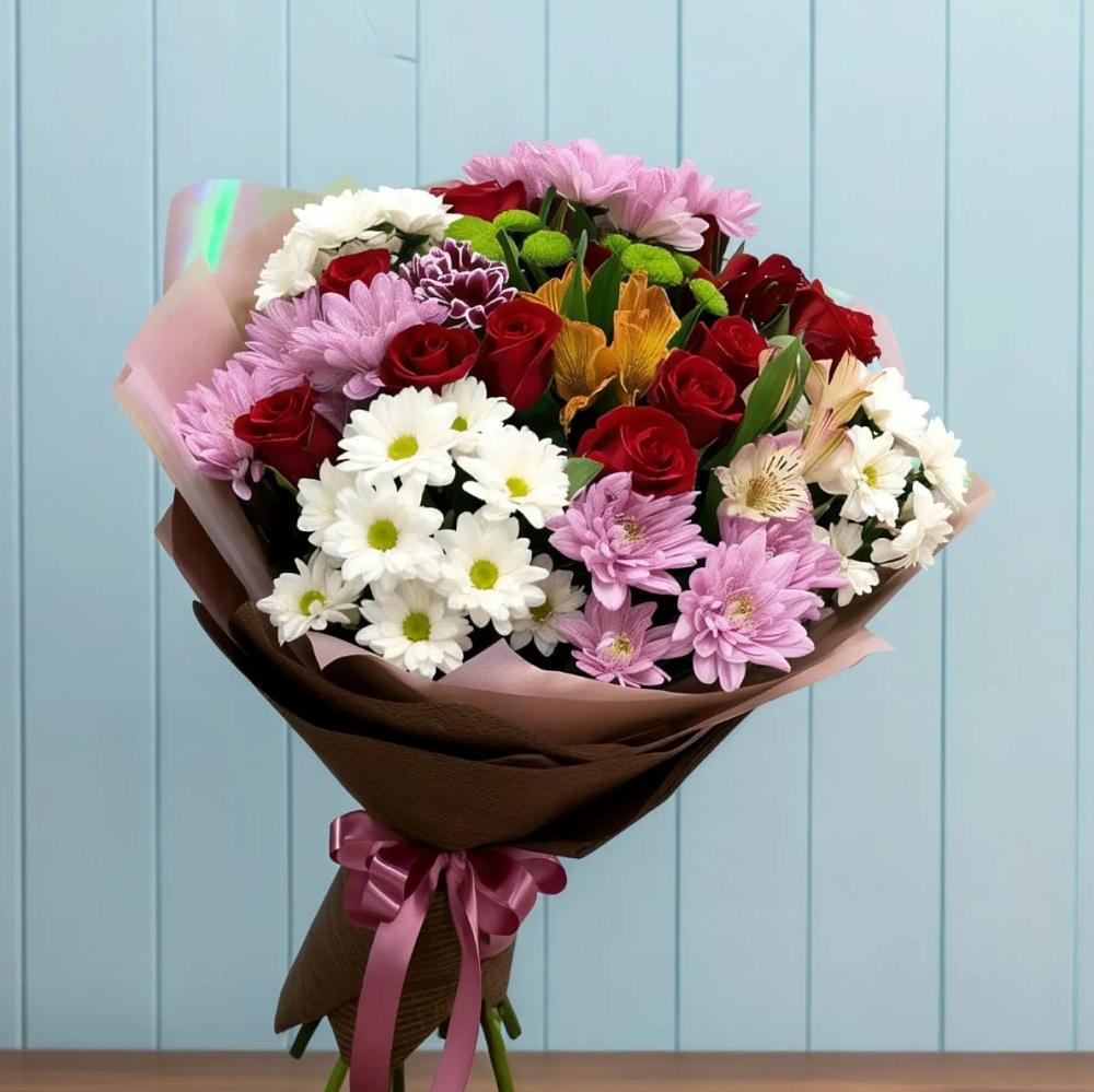 Букет цветов из: Розы, Хризантемы и Альстромерии в Старотеряево