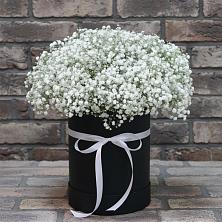 Цветочная композиция из Гипсофила в шляпной коробке в Старотеряево