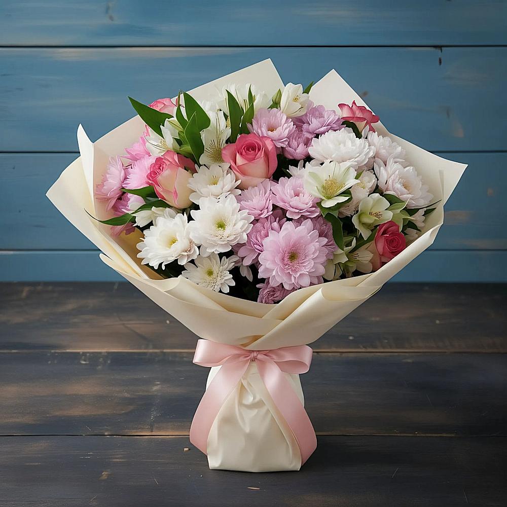 Букет цветов из: Хризантемы, Альстромерии и Розы в Старотеряево